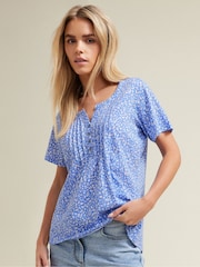 M&Co Blue Petite Short Sleeve 100% Cotton Henley Top - Image 1 of 5