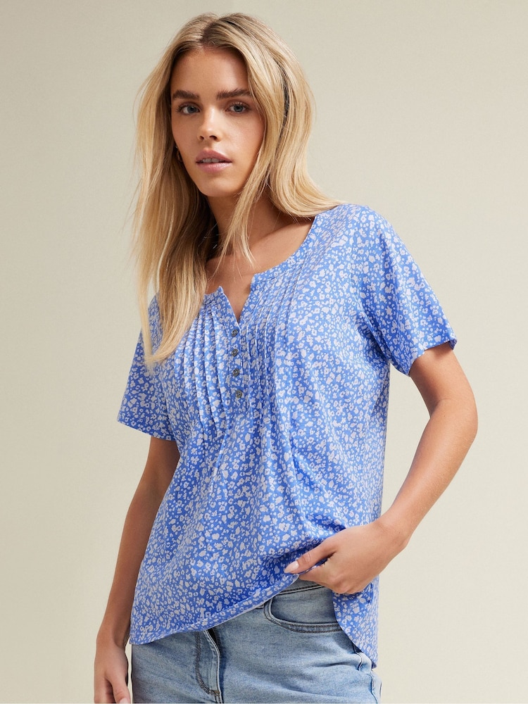 M&Co Blue Petite Short Sleeve 100% Cotton Henley Top - Image 1 of 5