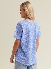 M&Co Blue Petite Short Sleeve 100% Cotton Henley Top - Image 2 of 5