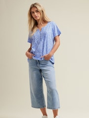 M&Co Blue Petite Short Sleeve 100% Cotton Henley Top - Image 3 of 5