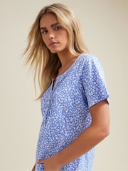 M&Co Blue Petite Short Sleeve 100% Cotton Henley Top - Image 4 of 5