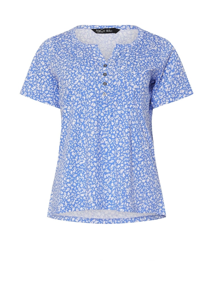 M&Co Blue Petite Short Sleeve 100% Cotton Henley Top - Image 5 of 5