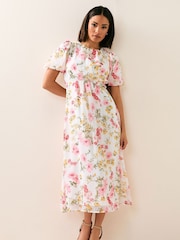 PixieGirl Petite Pink Chiffon Tie Back Midi Dress - Image 1 of 6