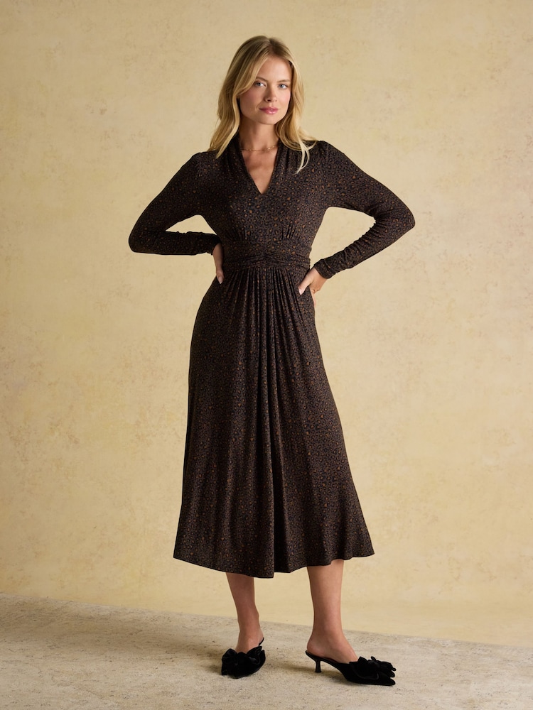 Joules Mina Brown Jersey Ruched Waist Long Sleeve V-Neck Midi Dress - Image 1 of 7