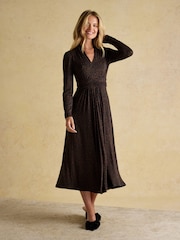 Joules Mina Brown Jersey Ruched Waist Long Sleeve V-Neck Midi Dress - Image 4 of 7