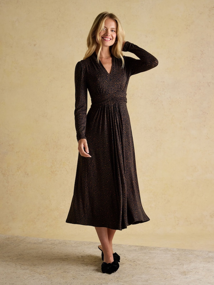 Buy Joules Mina Brown Jersey Ruched Waist Long Sleeve V-Neck Midi