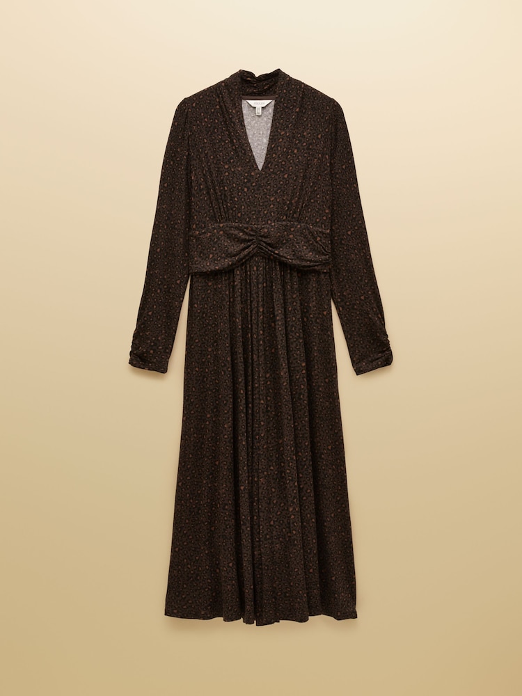 Joules Mina Brown Jersey Ruched Waist Long Sleeve V-Neck Midi Dress - Image 7 of 7