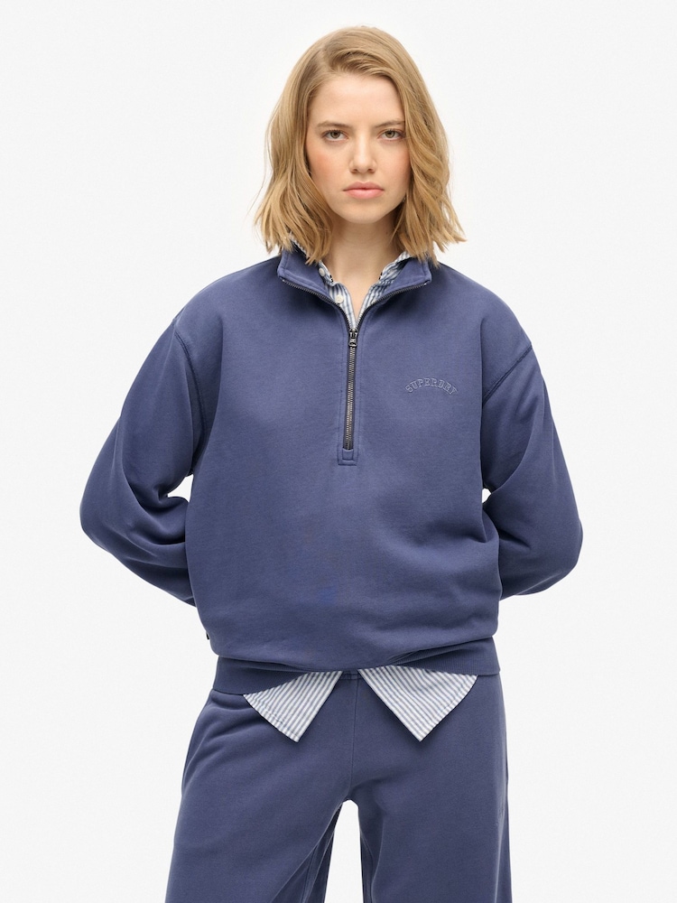 Superdry Blue Essential Logo Garment Dye Half Zip Jumper - Image 1 of 6 Superdry Blue Essential Logo Garment Dye Half Zip Jumper - Image 1 of 6