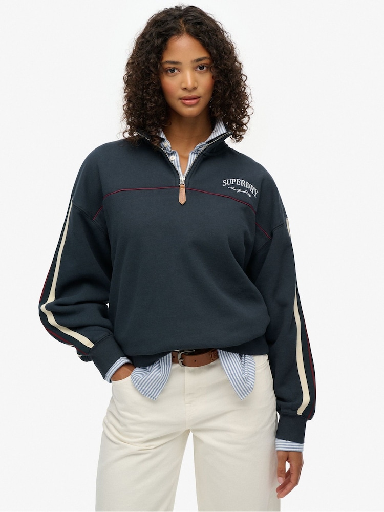 Superdry Blue Country Club Tape Henley Jumper - Image 1 of 4 Superdry Blue Country Club Tape Henley Jumper - Image 1 of 4