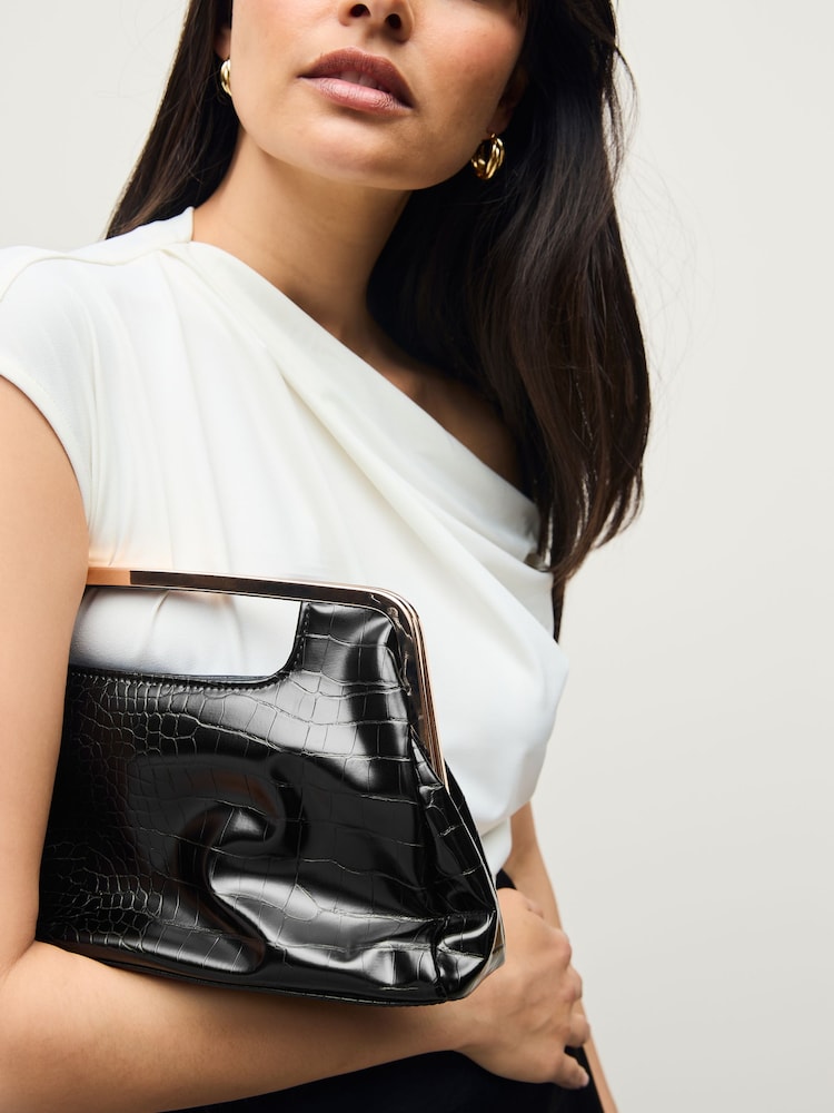Black Croc Snap Clutch - Image 1 of 6 Black Croc Snap Clutch - Image 1 of 6