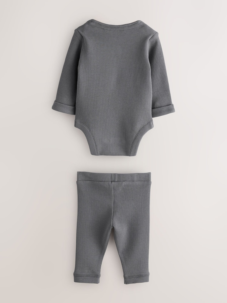 smALLSAINTS Charcoal Grey Textured Bodysuit and Trousers Baby Boys Set - Image 2 of 5 smALLSAINTS Charcoal Grey Textured Bodysuit and Trousers Baby Boys Set - Image 2 of 5
