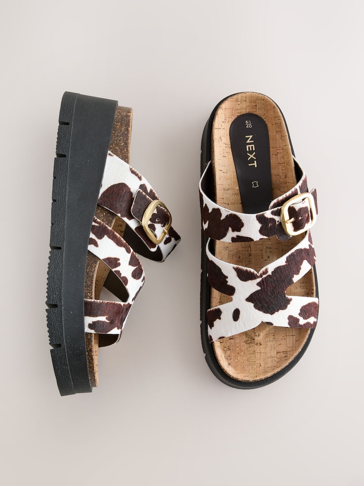 Cow Print Forever Comfort® Leather Strap Buckle Detail Sandals - Image 1 of 5