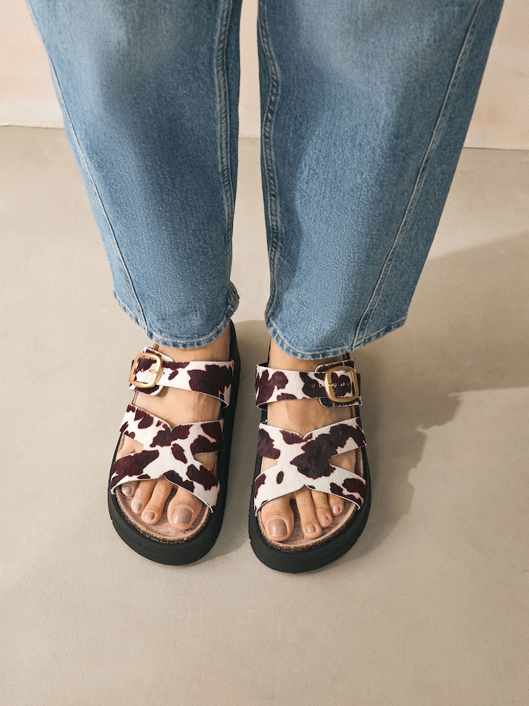 Cow Print Forever Comfort® Leather Strap Buckle Detail Sandals - Image 3 of 10