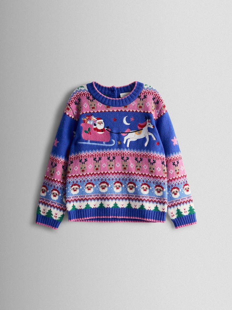 JoJo Maman Bébé Blue Santa & Unicorn Fairisle Jumper - Image 1 of 3