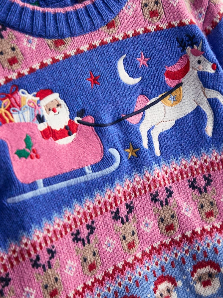 JoJo Maman Bébé Blue Santa & Unicorn Fairisle Jumper - Image 3 of 3