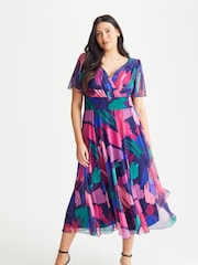 Scarlett & Jo Blue Magenta Victoria Angel Sleeve Mesh Midi long Dress - Image 1 of 4