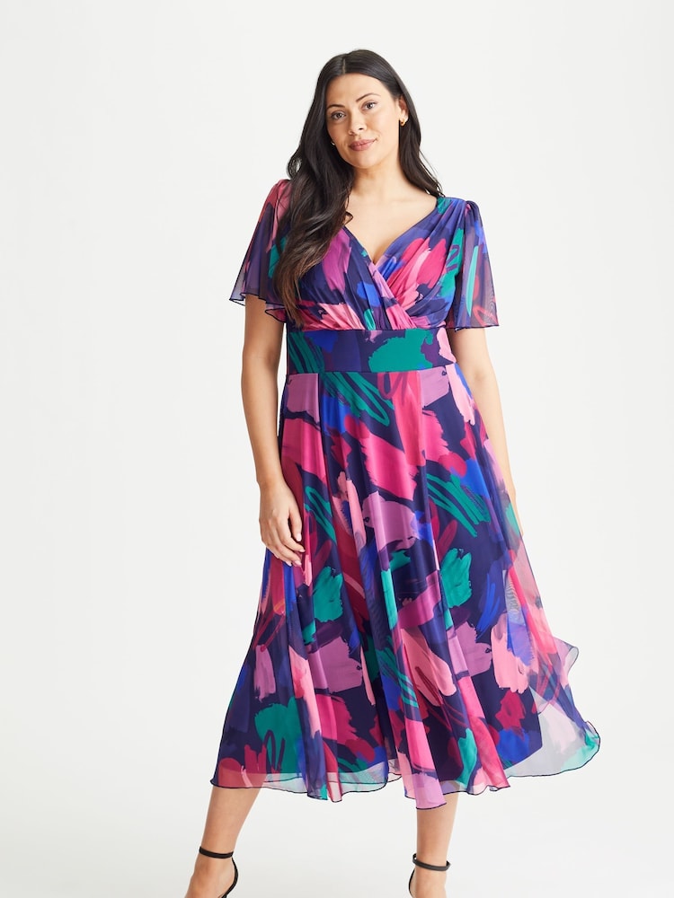 Scarlett & Jo Blue Magenta Victoria Angel Sleeve Mesh Midi long Dress - Image 1 of 4