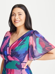 Scarlett & Jo Blue Magenta Victoria Angel Sleeve Mesh Midi long Dress - Image 3 of 4