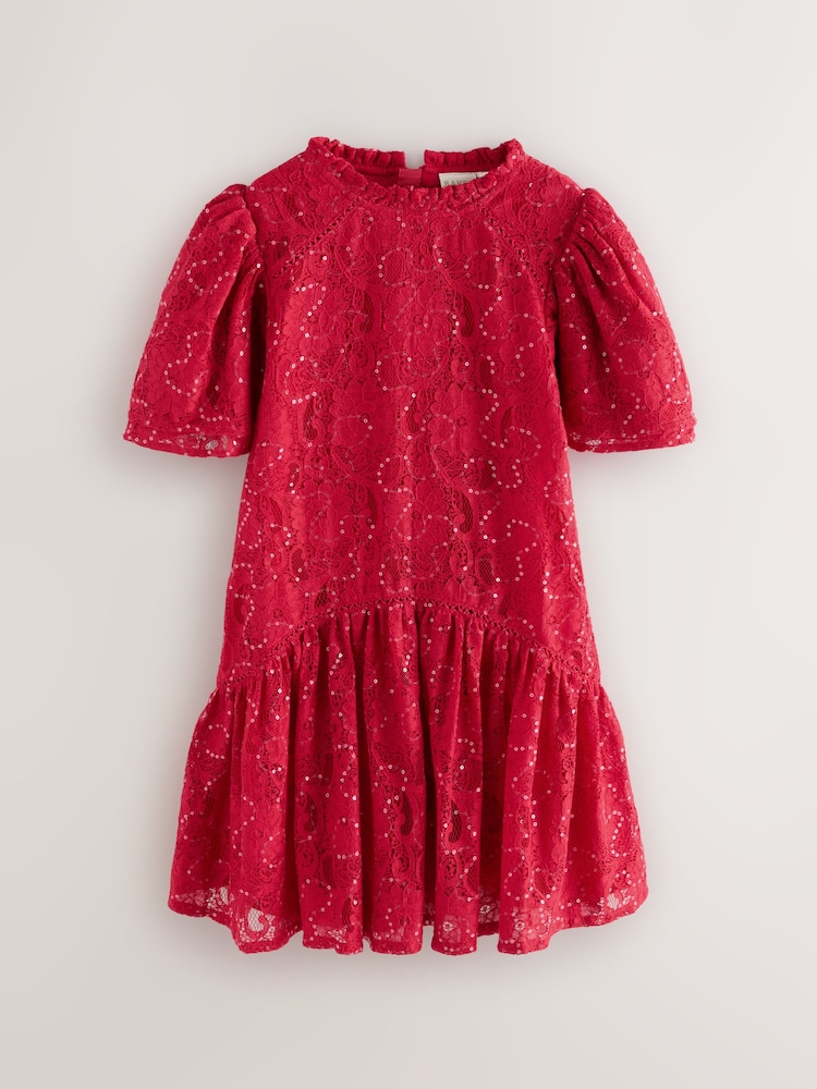 Baker by Ted Baker Red Sequin Lace Angel Sleeve Dress - Image 1 of 6