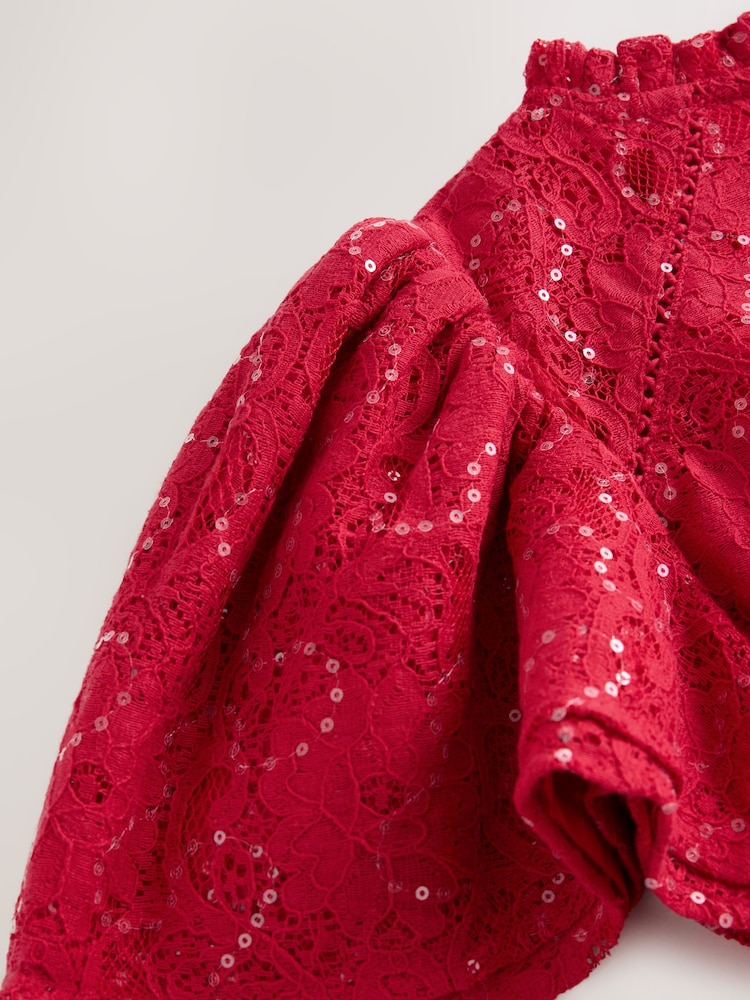 Baker by Ted Baker Red Sequin Lace Angel Sleeve Dress - Image 6 of 6