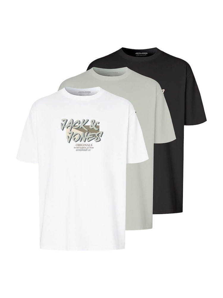 JACK & JONES White 3 Pack Printed T-Shirts - Image 1 of 8 JACK & JONES White 3 Pack Printed T-Shirts - Image 1 of 8