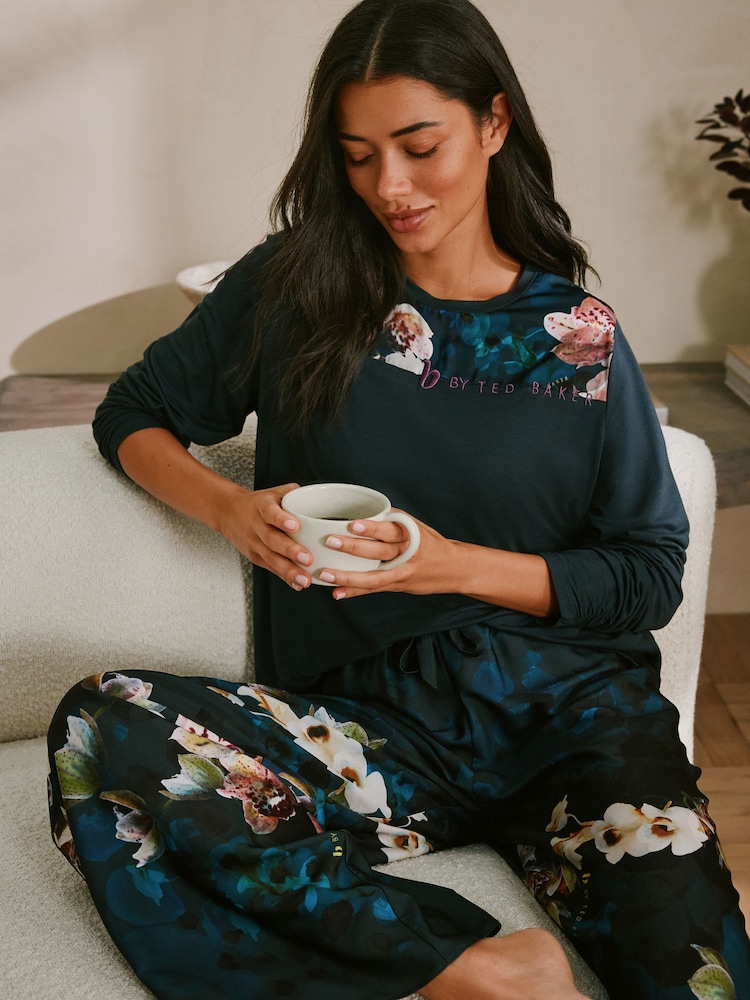 B by Ted Baker Teal Blue Floral Satin Jersey Pyjamas - Image 2 of 14 B by Ted Baker Teal Blue Floral Satin Jersey Pyjamas - Image 2 of 14