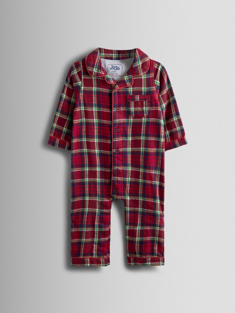 JoJo Maman Bébé Red Check Christmas Print Jersey Collar Pyjamas - Image 1 of 3