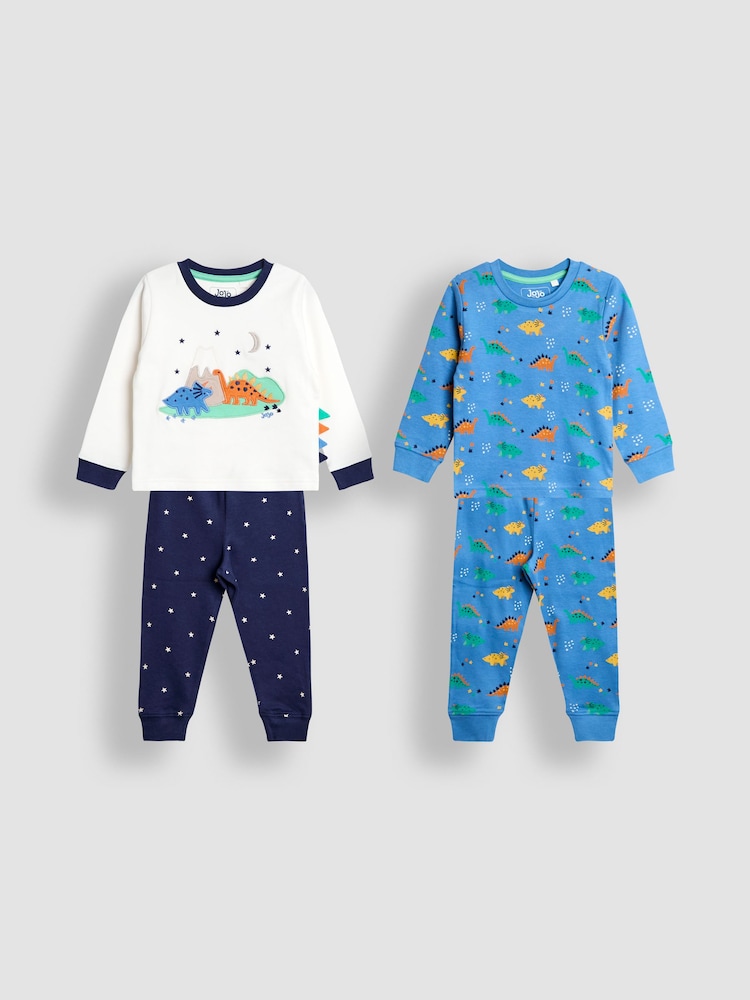 JoJo Maman Bébé Blue Dino Mix And Match 2 Pack Pyjamas - Image 1 of 11 JoJo Maman Bébé Blue Dino Mix And Match 2 Pack Pyjamas - Image 1 of 11