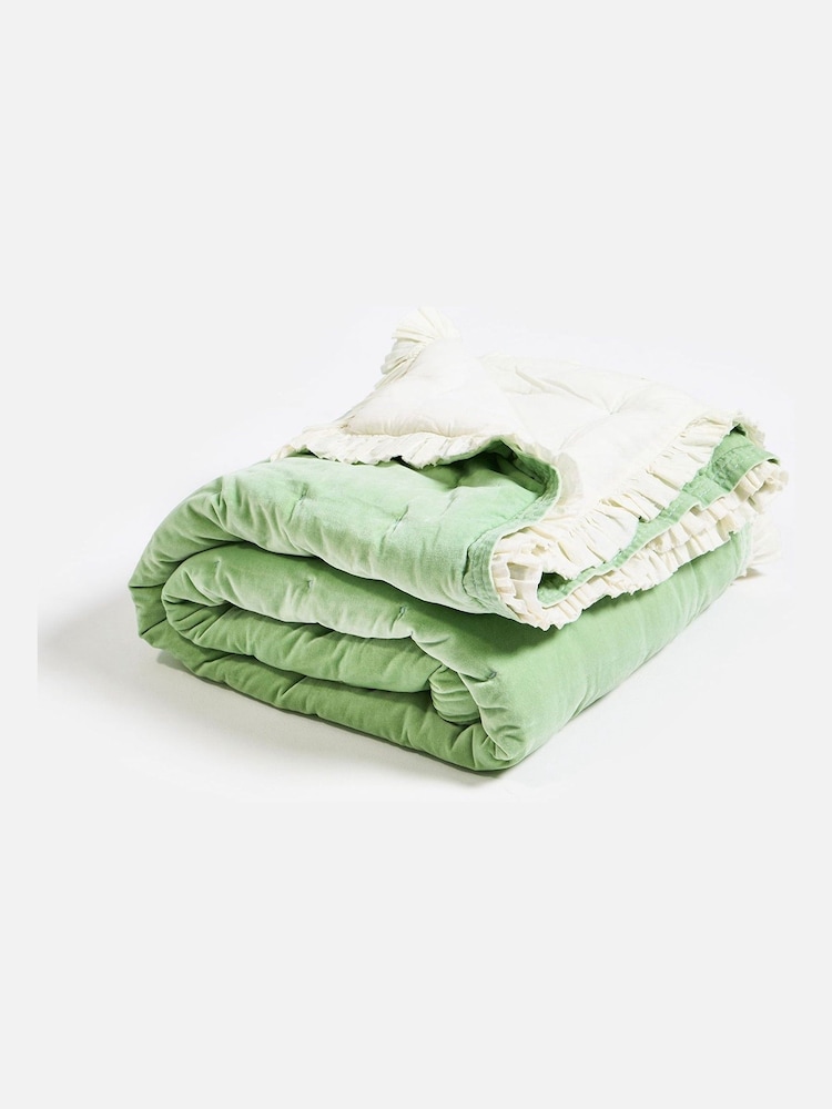Oliver Bonas Green Velvet Ruffle Trim Bedspread - Image 2 of 5