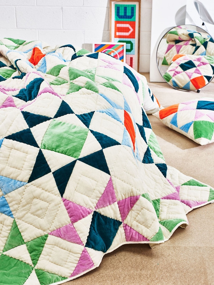 Oliver Bonas Orange Bright Velvet Patchwork Bedspread - Image 1 of 6 Oliver Bonas Orange Bright Velvet Patchwork Bedspread - Image 1 of 6