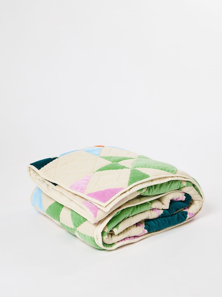 Oliver Bonas Orange Bright Velvet Patchwork Bedspread - Image 2 of 6
