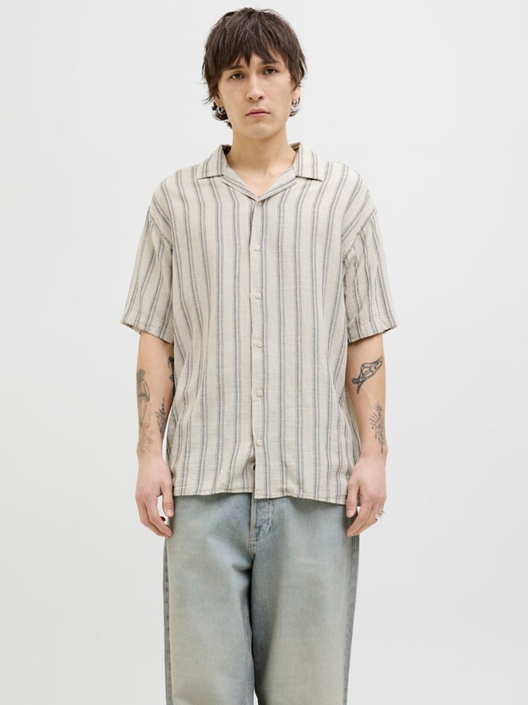 JACK & JONES Grey Stripe Short Sleeve Resort Shirt - Image 1 of 6