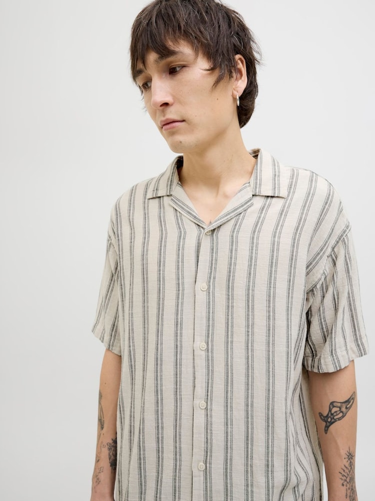 JACK & JONES Grey Stripe Short Sleeve Resort Shirt - Image 4 of 6
