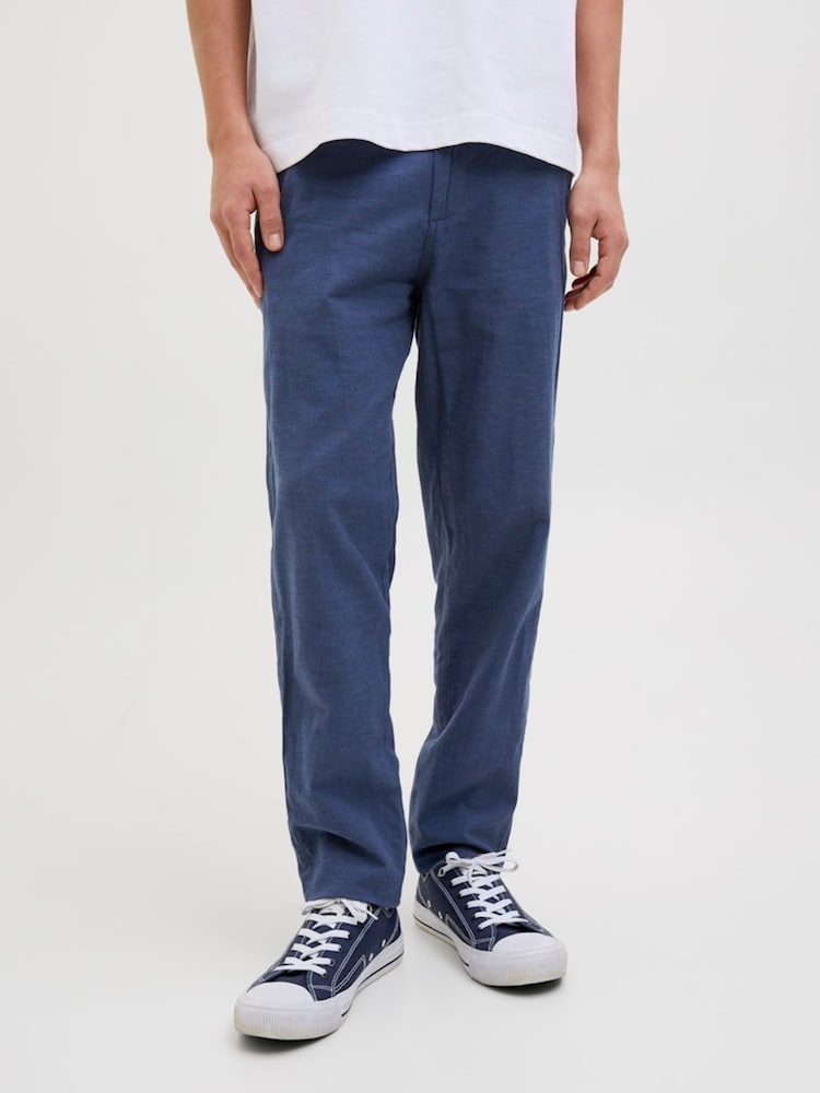 JACK & JONES Blue Linen Blend Tapered Fit Chino Trousers - Image 1 of 5