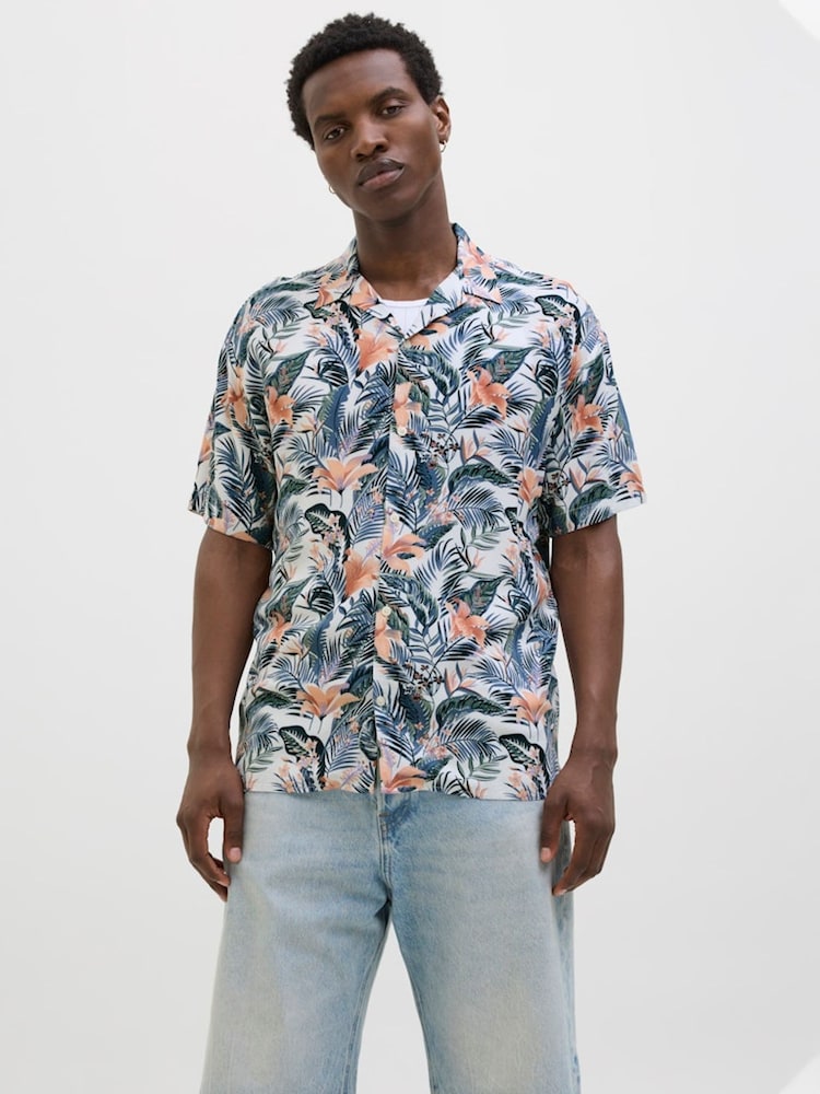 JACK & JONES White Tropical Print Short Sleeve Resort Shirt - Image 1 of 4