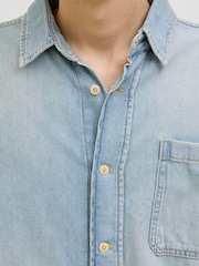 JACK & JONES Blue Washed Denim Long Sleeve 100% Cotton Shirt - Image 4 of 5