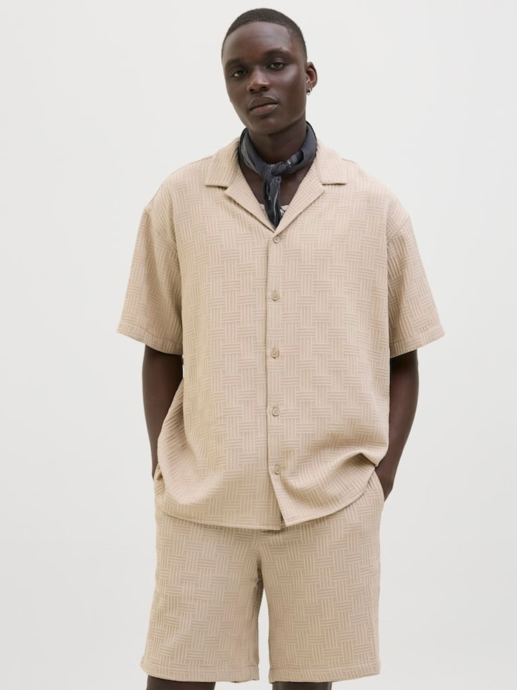 JACK & JONES Cream Short Sleeve Textured Resort Shirt - Image 1 of 4 JACK & JONES Cream Short Sleeve Textured Resort Shirt - Image 1 of 4