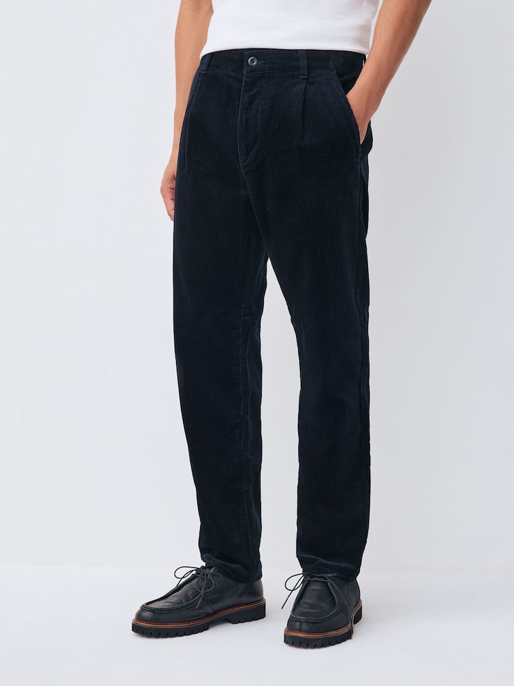 Navy Slim Fit Corduroy Single Pleated Trousers - Image 1 of 10 Navy Slim Fit Corduroy Single Pleated Trousers - Image 1 of 10
