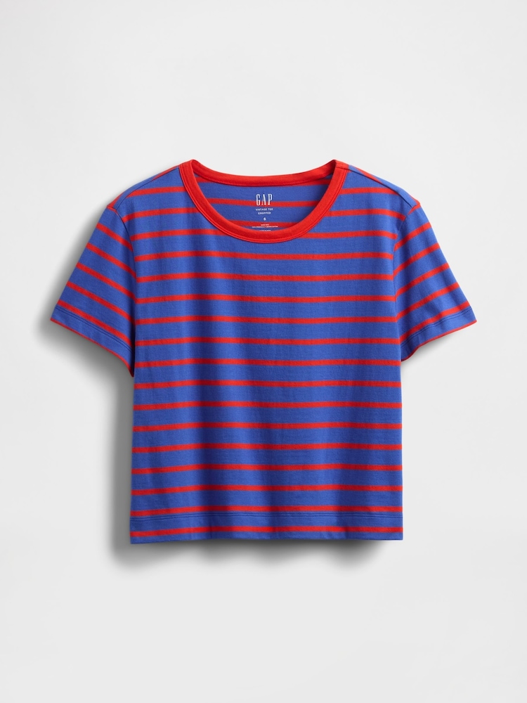 Gap Blue & Red Cotton VintageSoft Cropped Striped T-Shirt - Image 4 of 4