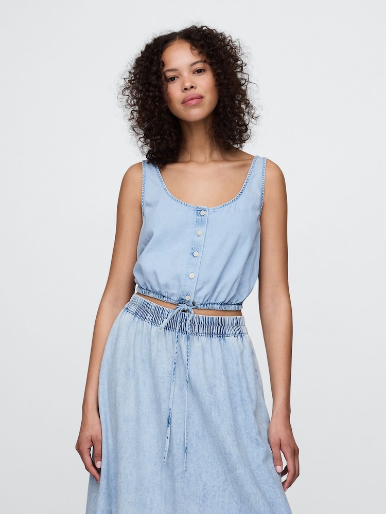 Gap Blue Denim Cinched-Hem Cropped Top - Image 1 of 4 Gap Blue Denim Cinched-Hem Cropped Top - Image 1 of 4
