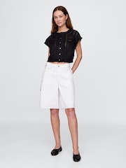 Gap Black Cropped Ruffle Pintuck Top - Image 1 of 4
