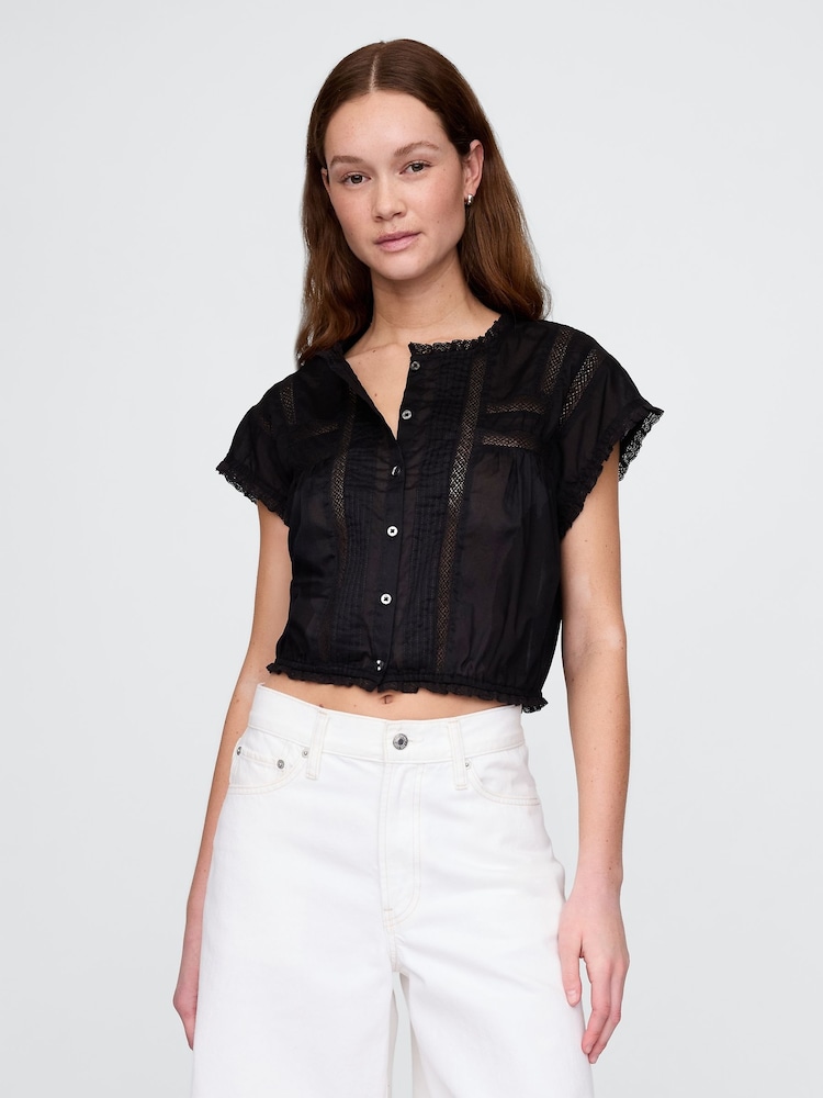 Gap Black Cropped Ruffle Pintuck Top - Image 2 of 4