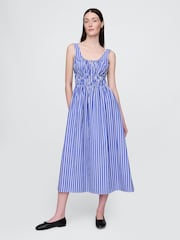 Gap Blue Stripe Poplin Smocked Midi Dress - Image 1 of 5