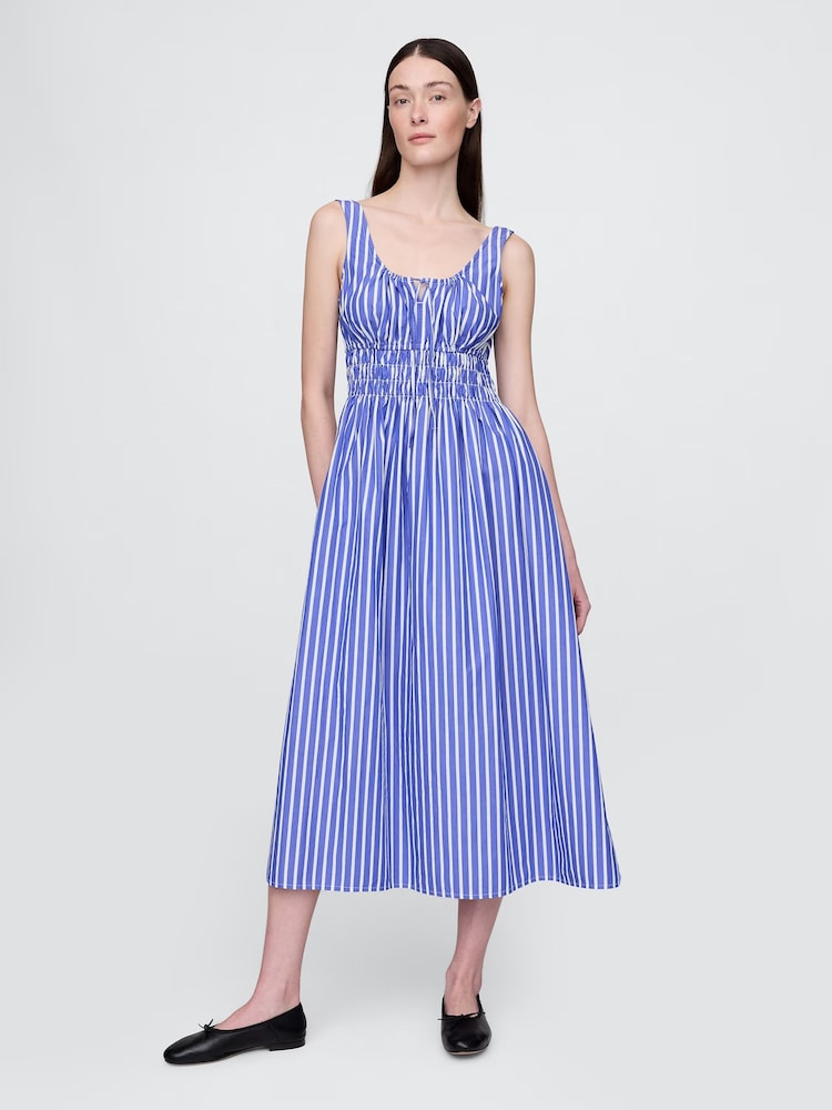 Gap Blue Stripe Poplin Smocked Midi Dress - Image 1 of 5