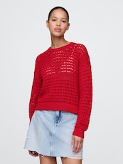 Gap Red 100% Cotton Oversized Crochet Crew Neck Jumper - Image 1 of 5