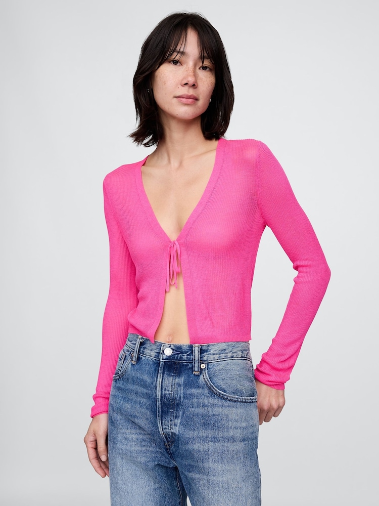 Gap Pink Sheer Rib Cropped Tie-Front Cardigan - Image 1 of 5 Gap Pink Sheer Rib Cropped Tie-Front Cardigan - Image 1 of 5
