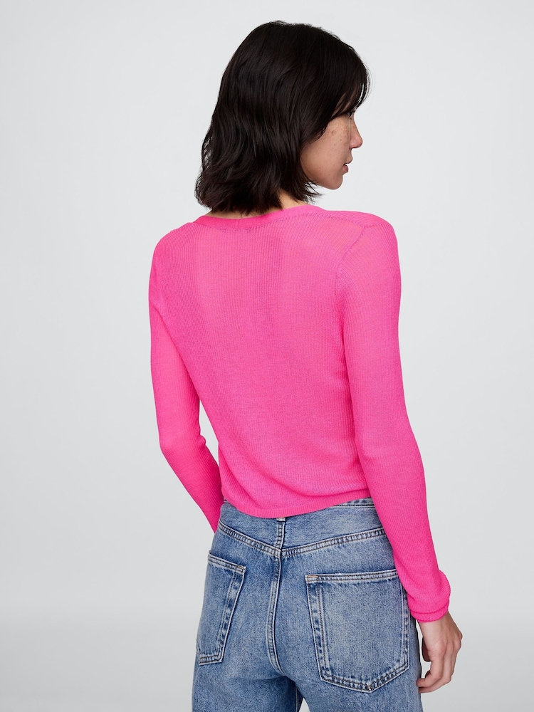 Gap Pink Sheer Rib Cropped Tie-Front Cardigan - Image 2 of 5 Gap Pink Sheer Rib Cropped Tie-Front Cardigan - Image 2 of 5