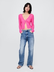 Gap Pink Sheer Rib Cropped Tie-Front Cardigan - Image 3 of 5