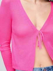 Gap Pink Sheer Rib Cropped Tie-Front Cardigan - Image 4 of 5