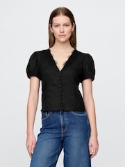 Gap Black Linen-Blend Lace V-Neck Top - Image 1 of 5